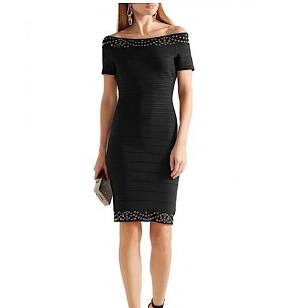Herve Leger Karlee off shoulder grommet bandage dress